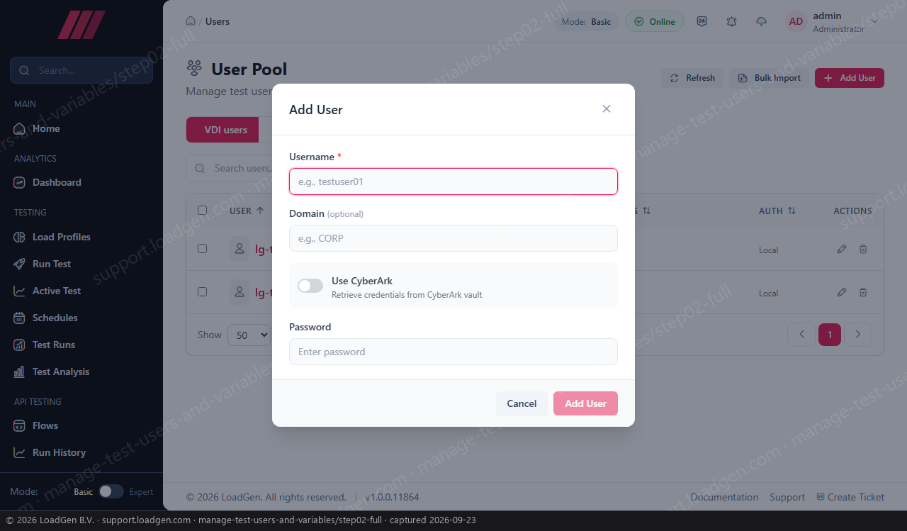 Manage test users and variables - step 2