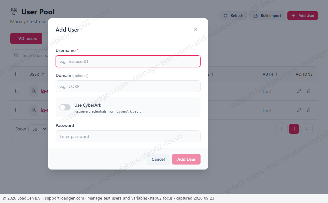 Manage test users and variables - step 2 detail