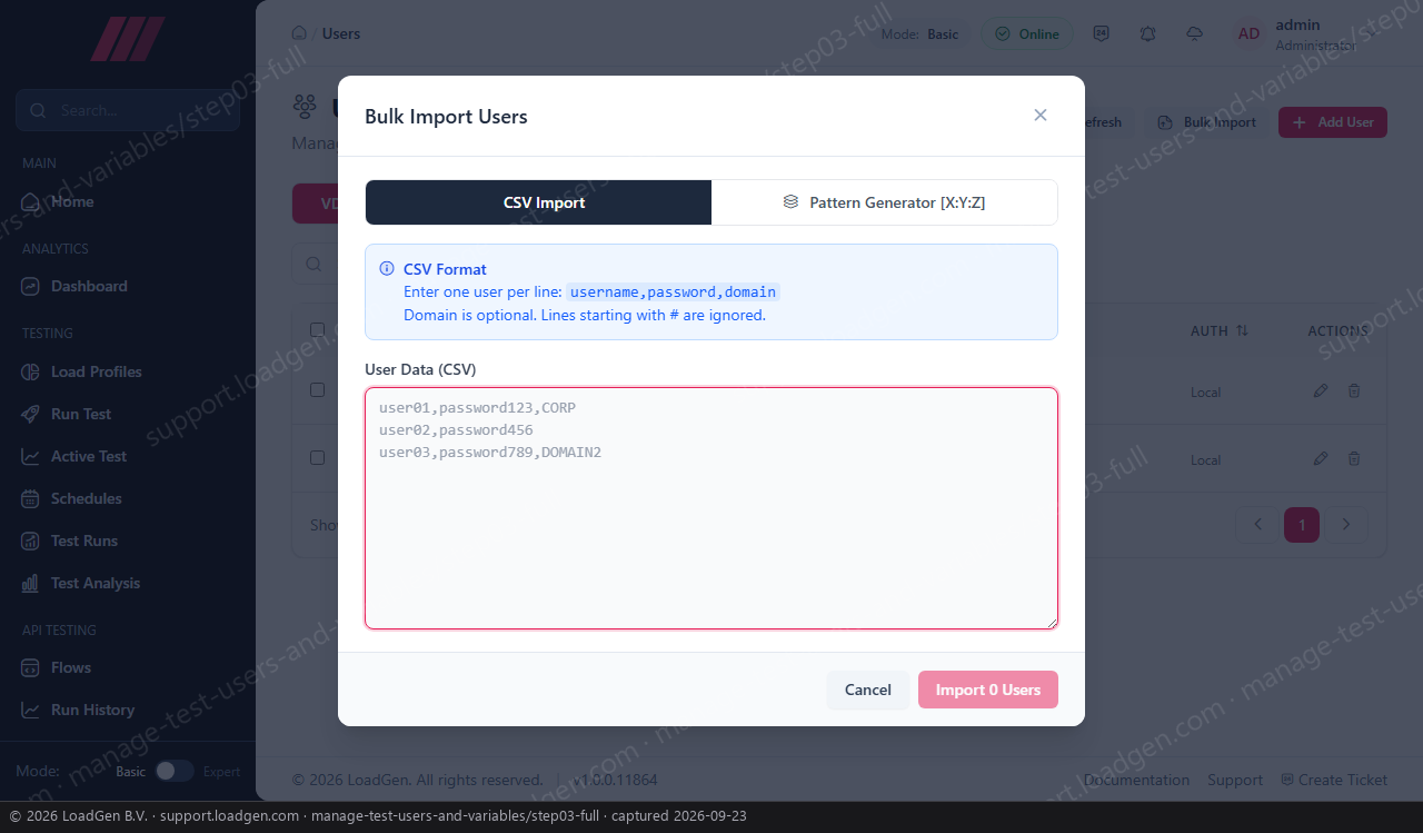 Manage test users and variables - step 3