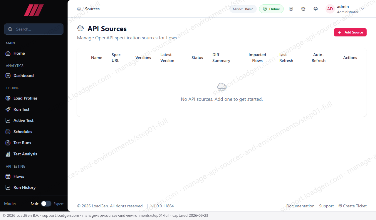 Manage API sources and environments - step 1