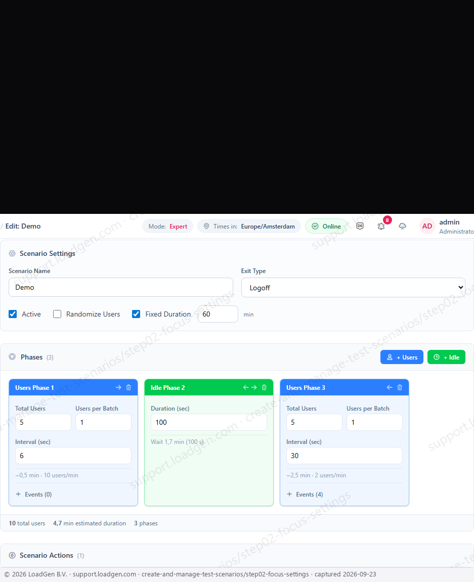 Create and manage test scenarios - step 2, Scenario Settings