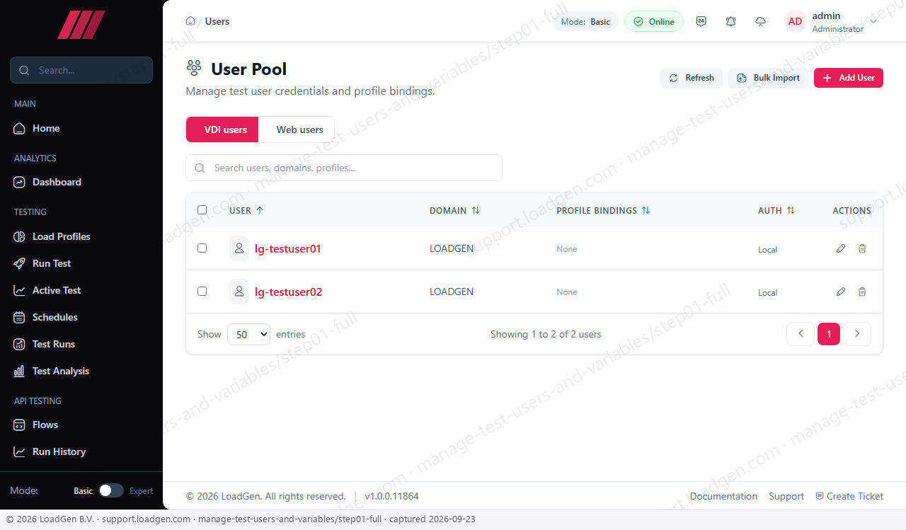 Manage test users and variables - step 1