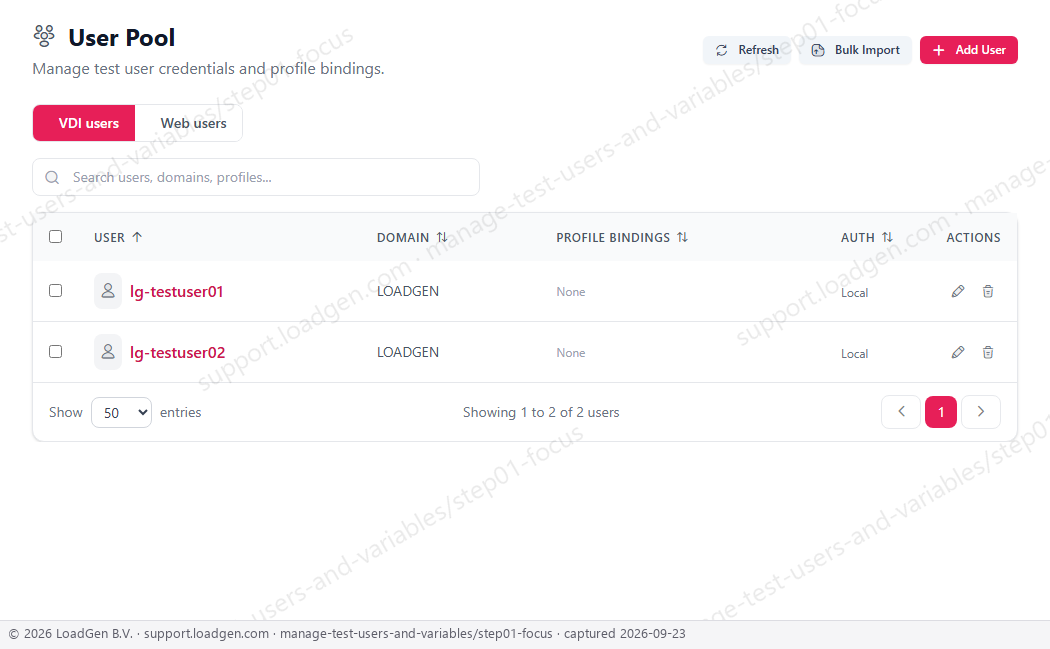 Manage test users and variables - step 1 detail
