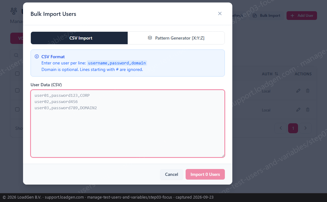 Manage test users and variables - step 3 detail