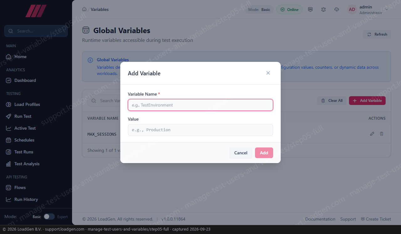 Manage test users and variables - step 5