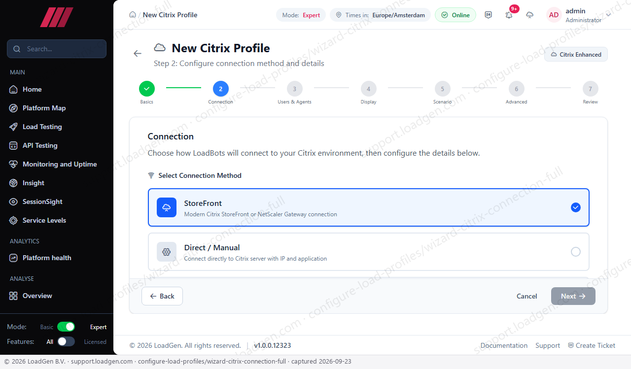Configure load profiles - Citrix wizard, Connection step