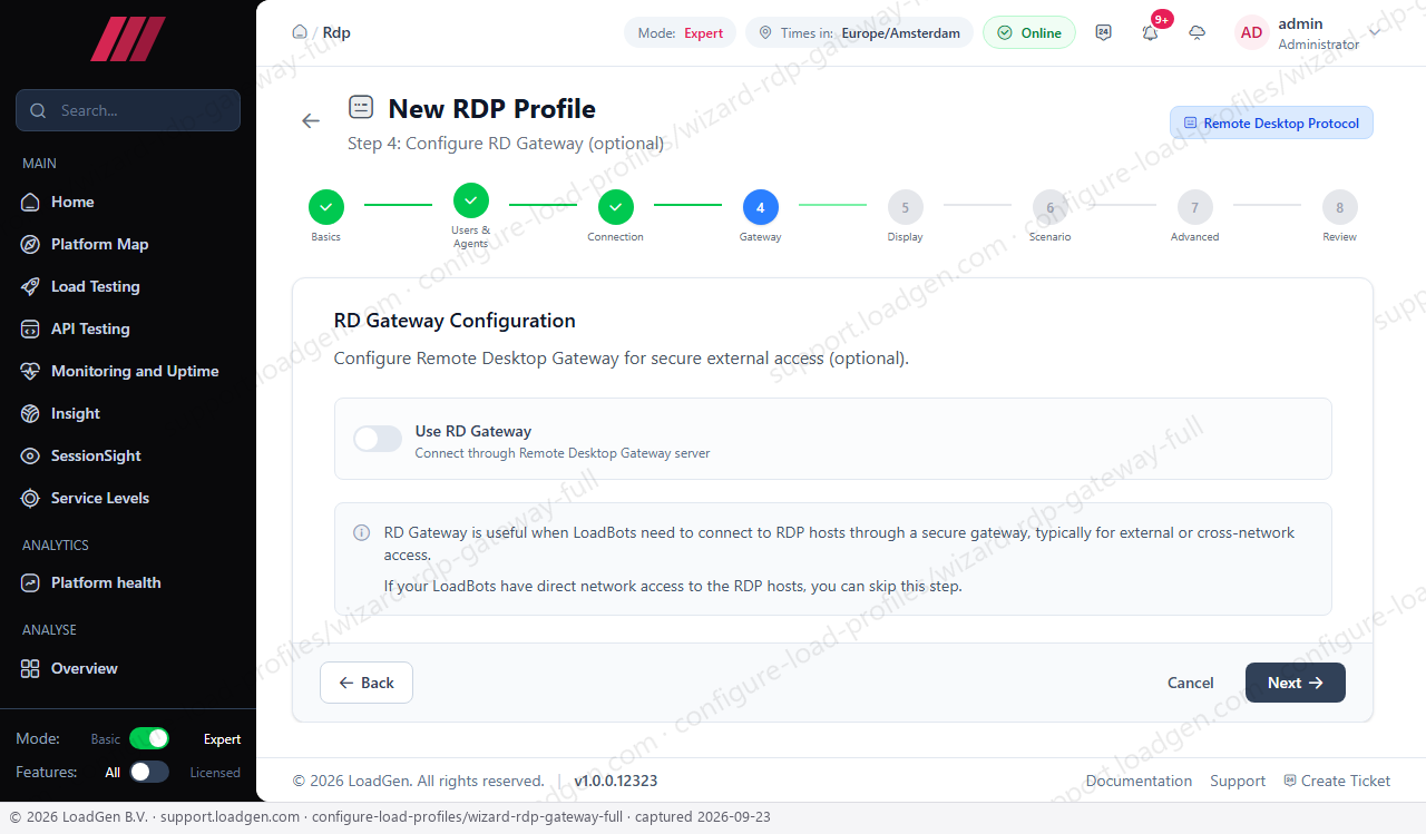 Configure load profiles - RDP wizard, RD Gateway step