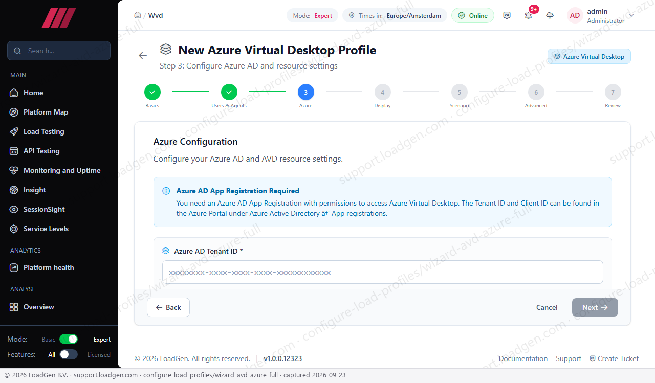 Configure load profiles - Azure Virtual Desktop wizard, Azure step
