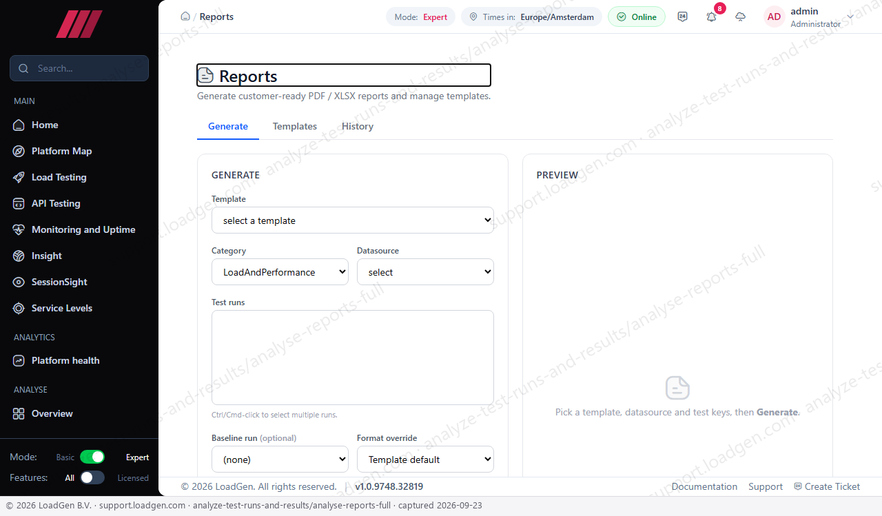Analyse: Reports, Generate tab