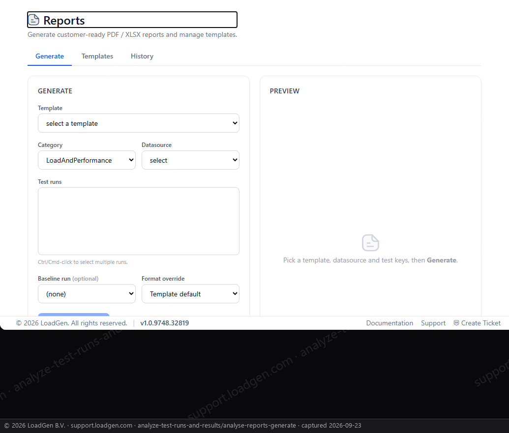 Analyse: Reports, the Generate panel