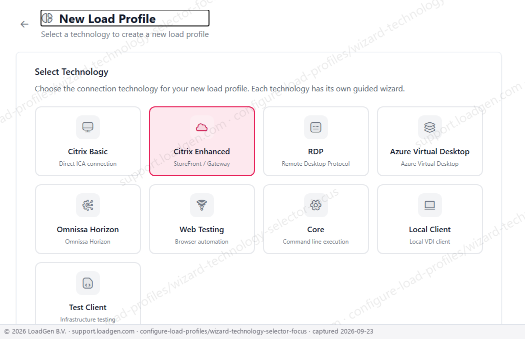 Configure load profiles - the technology selector detail