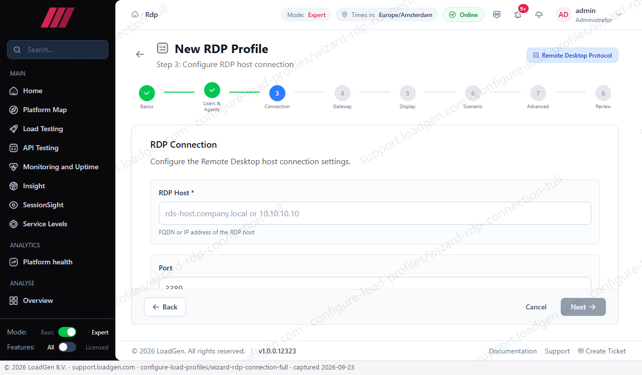 Configure load profiles - RDP wizard, Connection step
