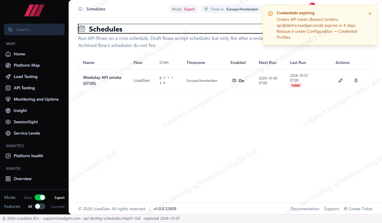 API Testing: Schedules - step 1