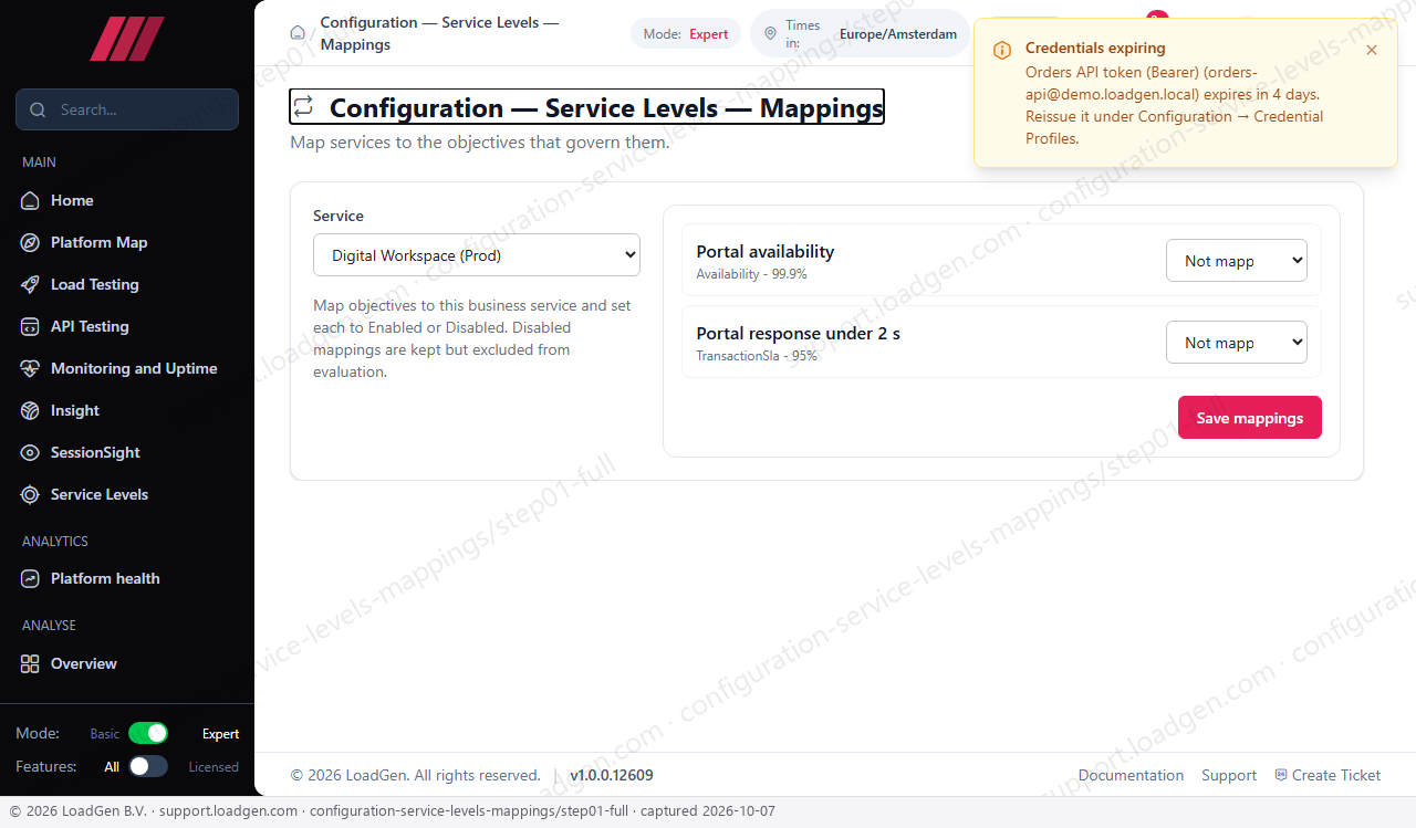 Configuration: Service Levels: Mappings - step 1