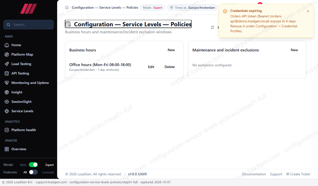 Configuration: Service Levels: Policies - step 1
