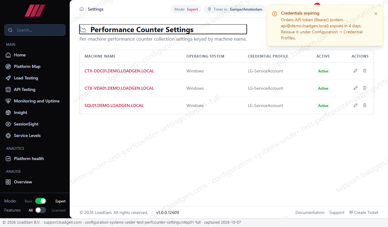 Configuration: Systems Under Test: PerfCounter Settings - step 1