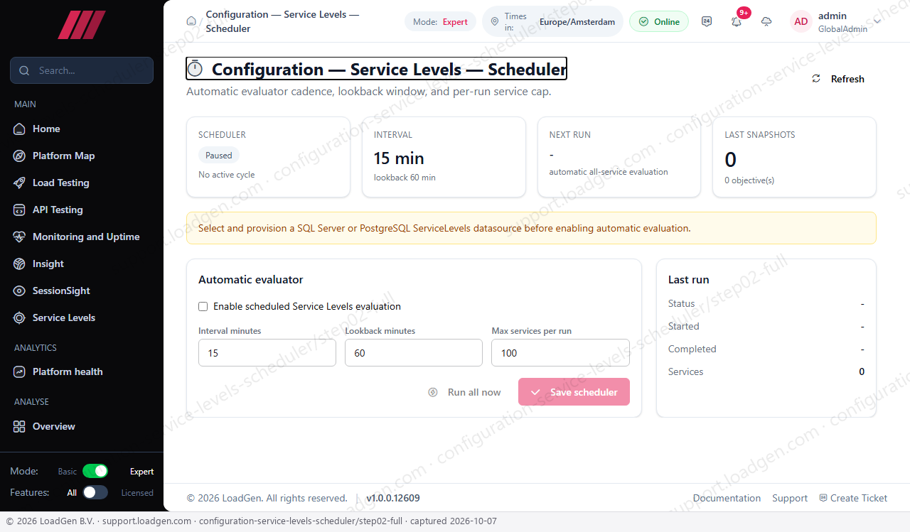 Configuration: Service Levels: Scheduler - step 2