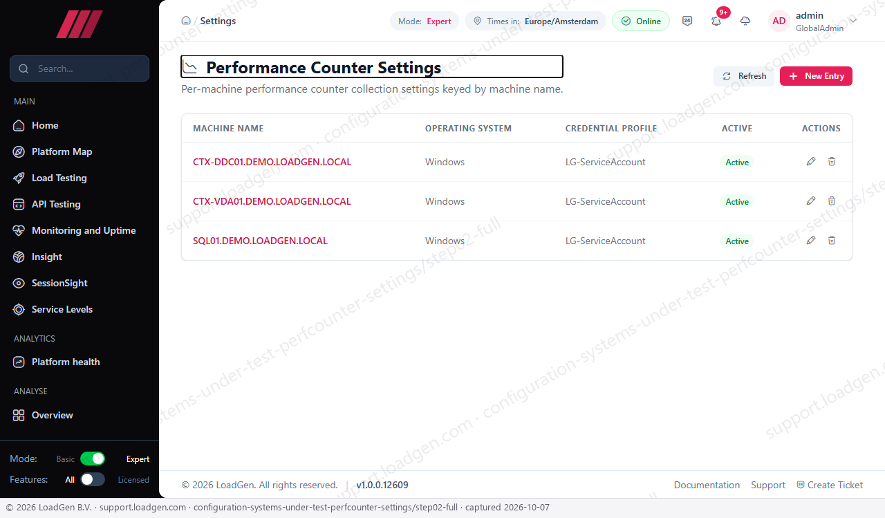 Configuration: Systems Under Test: PerfCounter Settings - step 2