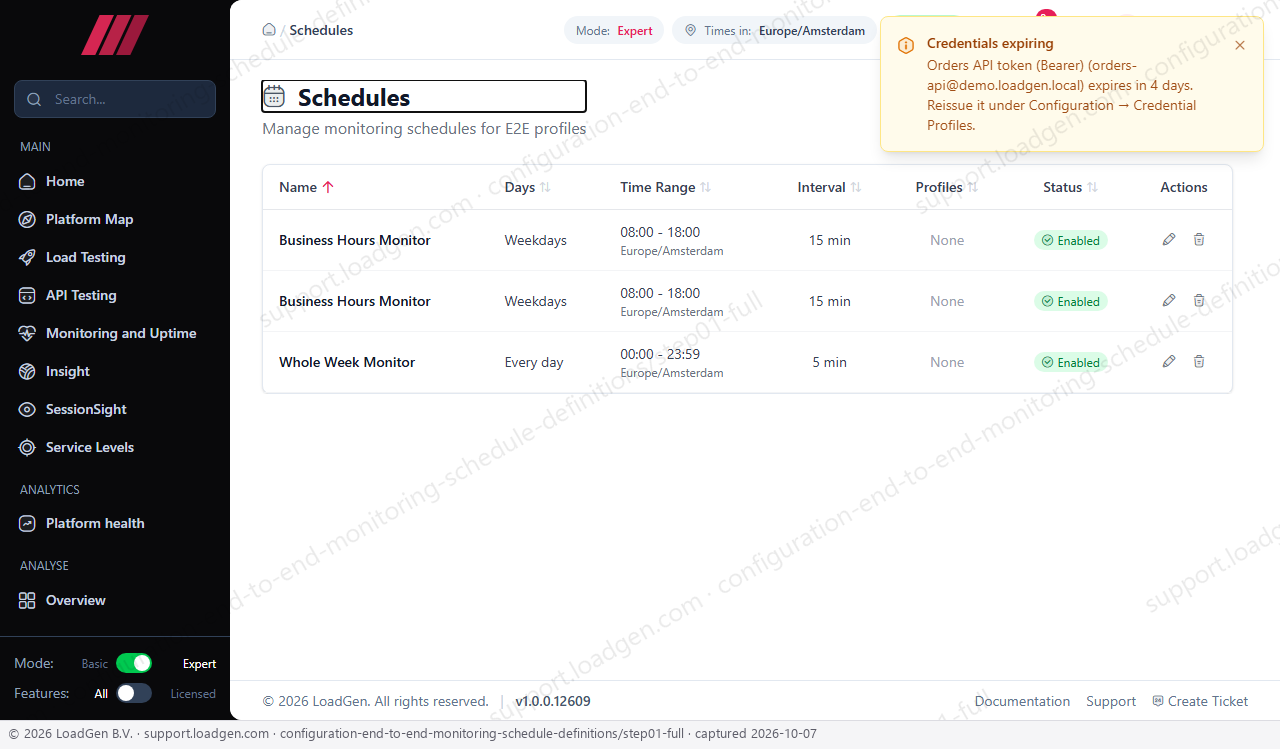 Configuration: End-to-End Monitoring: Schedule Definitions - step 1
