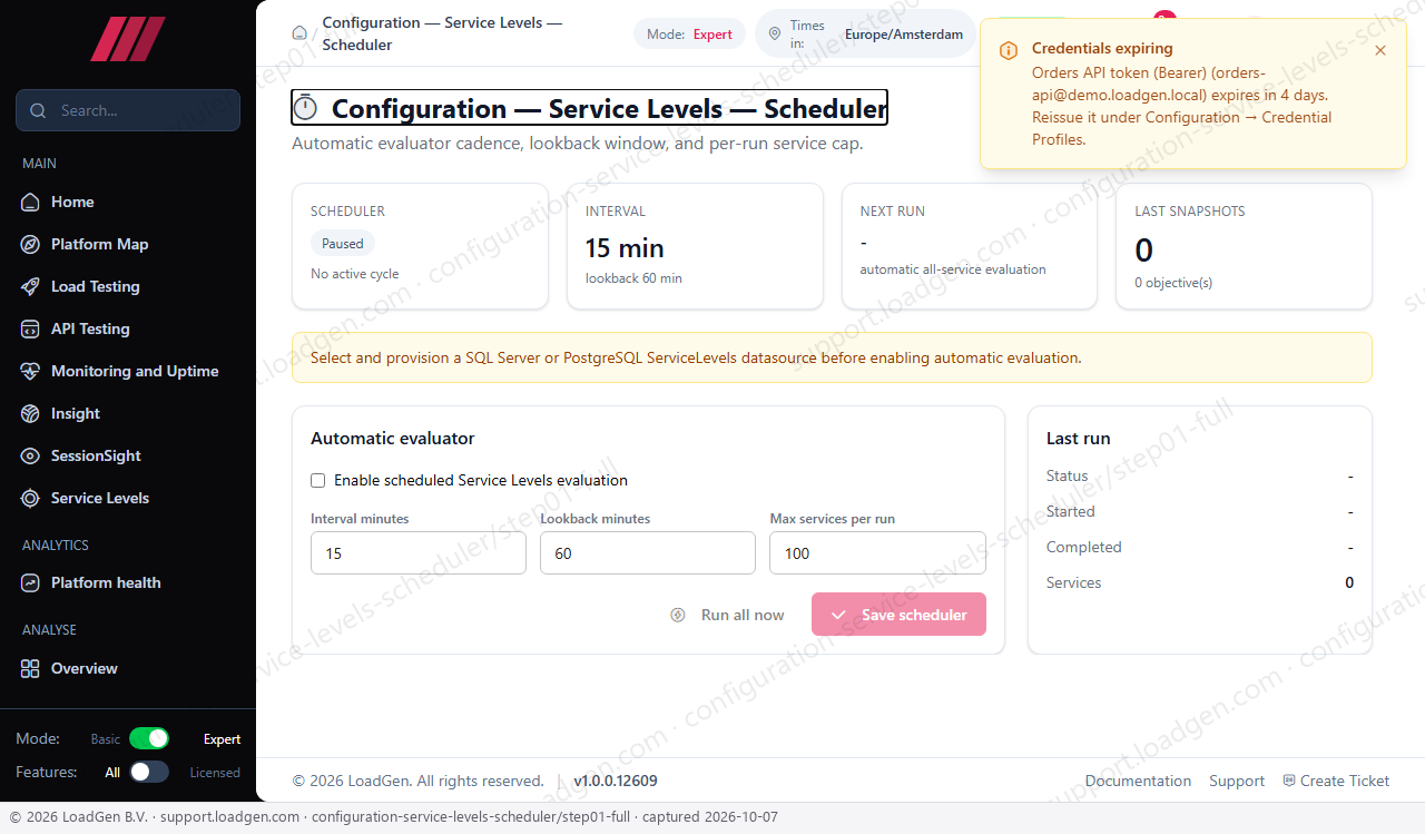 Configuration: Service Levels: Scheduler - step 1