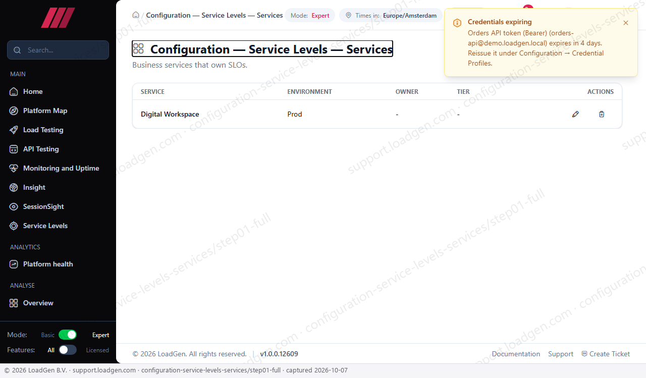 Configuration: Service Levels: Services - step 1