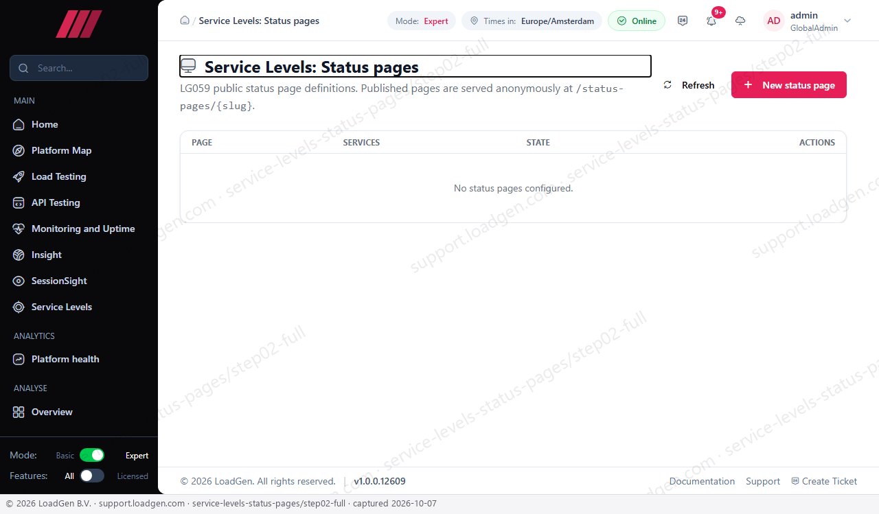 Service Levels: Status pages - step 2