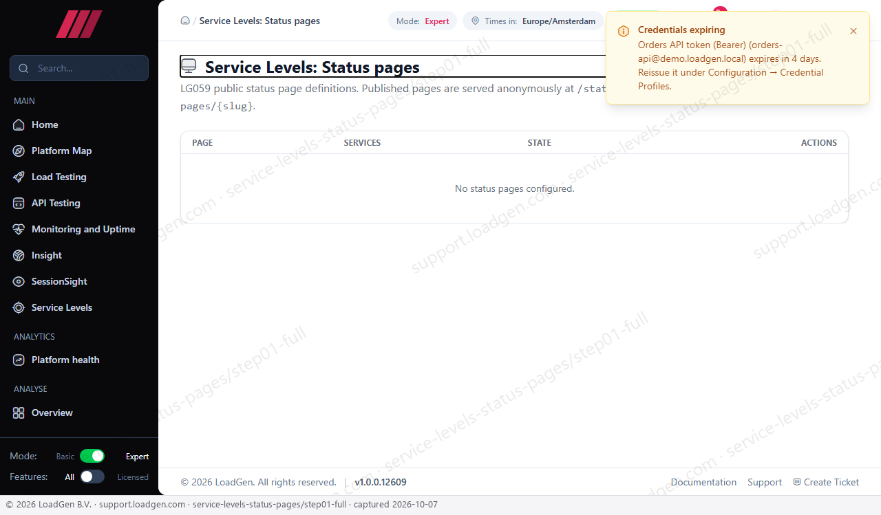 Service Levels: Status pages - step 1